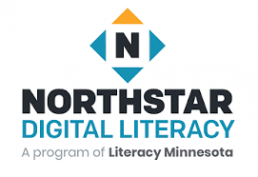 The letter N surrounded by compass points. Caption reads Northstar Digital Literacy a program of Literacy Minnesota